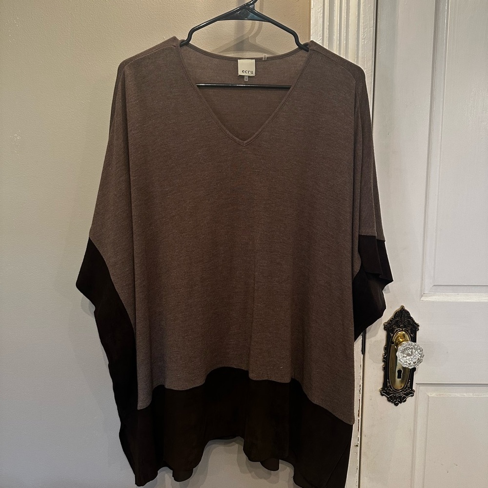 Ecru Poncho with Genuine Suede Trim